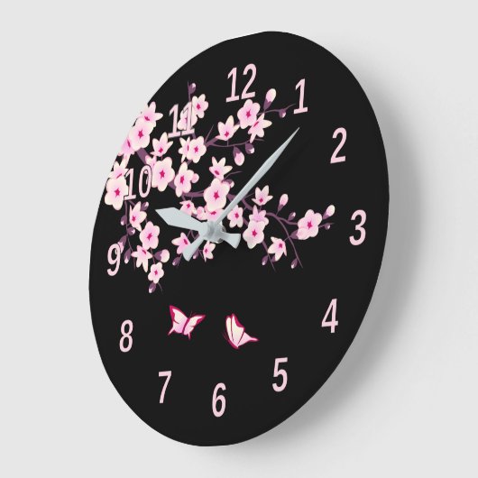 Blumenkirsche Blüten Rosa Schwarz Große Wanduhr (Winkel)