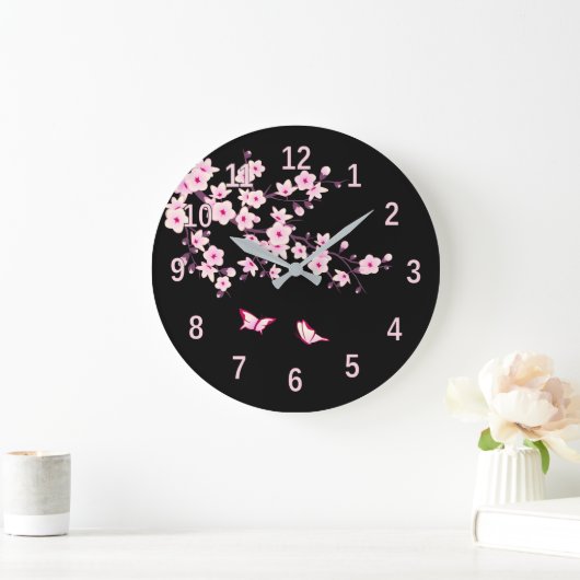 Blumenkirsche Blüten Rosa Schwarz Große Wanduhr (Zuhause)