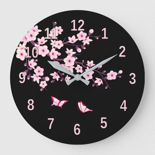 Blumenkirsche Blüten Rosa Schwarz Große Wanduhr (Vorderseite)
