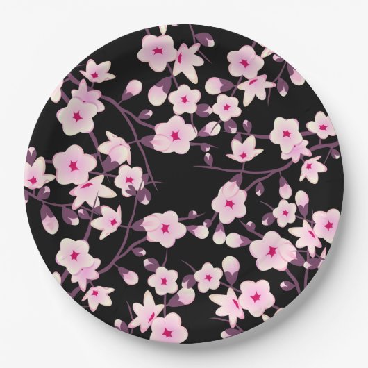 Blumenkirsche Blüten Rosa Schwarz Pappteller (Vorderseite)