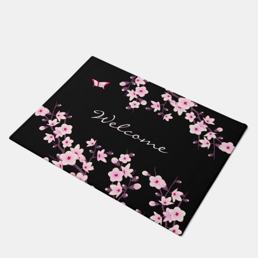 Blumenkirsche Blüten Rosa Schwarz Willkommen Fußmatte (Schrägansicht)