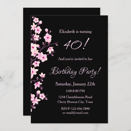 Blumenkirsche Blüten Rosa Schwarzer Geburtstag Einladung (Vorne/Hinten)
