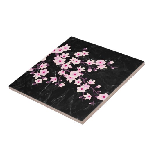 Blumenkirsche Blüten Rosa schwarzer Marmor Fliese (Seite)