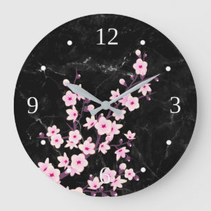 Blumenkirsche Blüten Rosa schwarzer Marmor Große Wanduhr