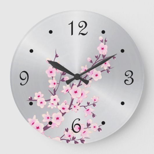 Blumenkirsche Blüten Rosa Silber Große Wanduhr (Vorderseite)