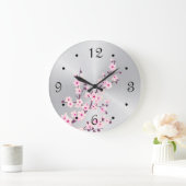 Blumenkirsche Blüten Rosa Silber Große Wanduhr (Zuhause)