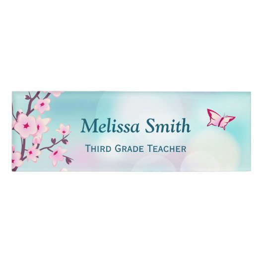 Blumenkirsche Blüten Rosa Türkis Lehrer Namenschild (Vorderseite)