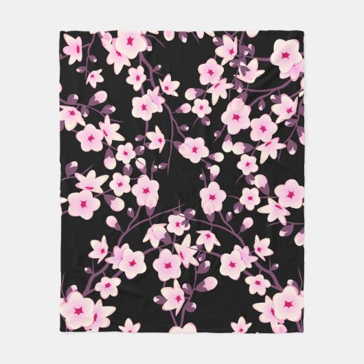 Blumenkirsche Blüten Schwarz Rosa Fleecedecke (Vorderseite)