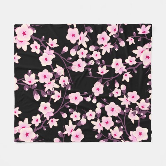 Blumenkirsche Blüten Schwarz Rosa Fleecedecke (Vorderseite (Horizontal))