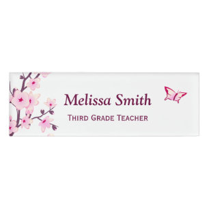 Blumenkirsche Blüten Weißrosa Lehrer Namenschild