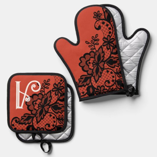 Blumenkochküche mit Monogramm Blume Ofenhandschuh & Topflappen-Set (Vorderseite/Rückseite)