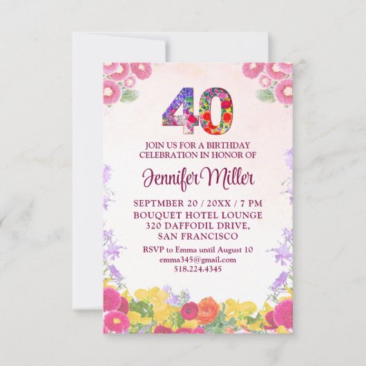 Blumenkohl 40. Geburtstag - Elegante Pastelle 40 J Einladung (Vorderseite)