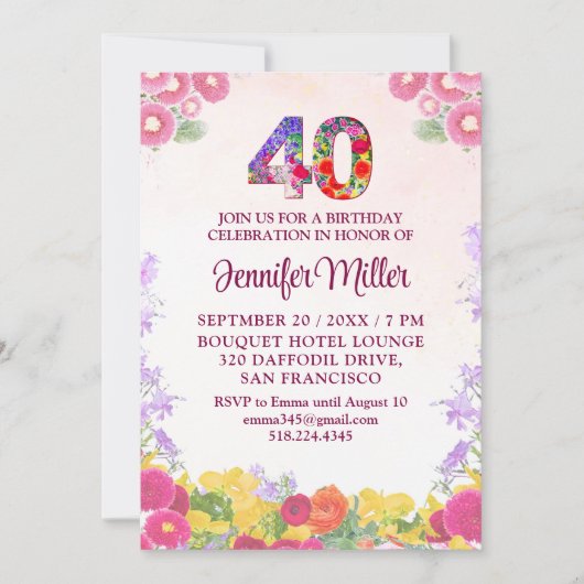 Blumenkohl 40. Geburtstag - Elegante Pastelle 40 J Einladung (Vorderseite)