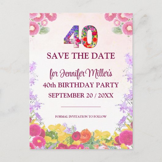 Blumenkohl, 40. Geburtstag Save the Date - Pastel Ankündigungspostkarte (Vorderseite)
