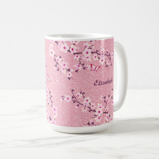Blumenkohl-Blossom Monogram Pink-Glitzer-Kaffee Kaffeetasse (VorderseiteRechts)