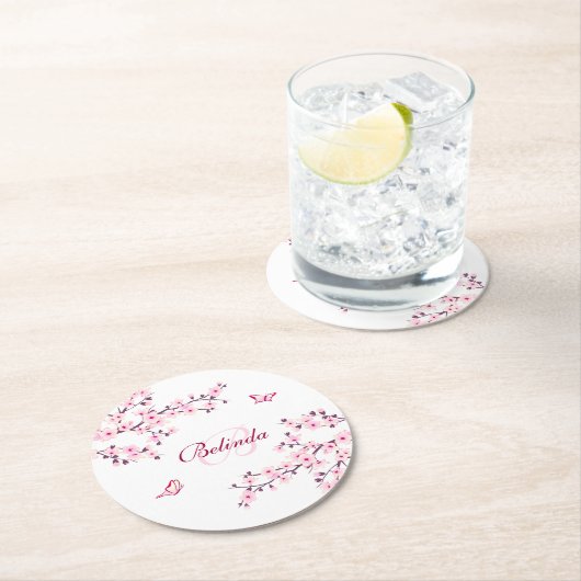 Blumenkohl Blüten Rosa Weißes Monogramm Name Ba Runder Pappuntersetzer (Vor Ort)