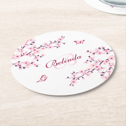 Blumenkohl Blüten Rosa Weißes Monogramm Name Ba Runder Pappuntersetzer (Angewinkelt)