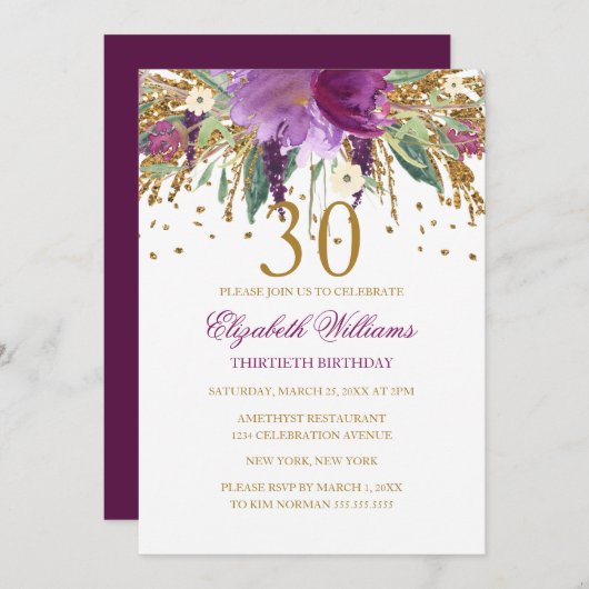 Blumenkohl-Glitzer Amethyst 30. Geburtstag Einladung (Vorne/Hinten)