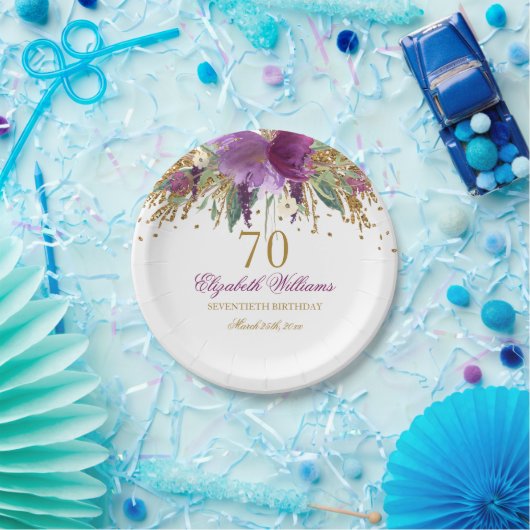 Blumenkohl-Glitzer Amethyst 70. Geburtstag Pappteller (Party)