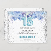 Blumenkohl-Glitzer Blue Quinceñera Save the Date (Vorne/Hinten)
