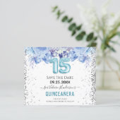 Blumenkohl-Glitzer Blue Quinceñera Save the Date (Stehend Vorderseite)