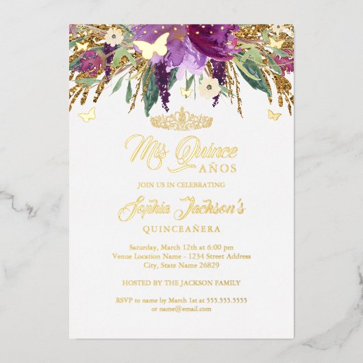 Blumenkohl-Glitzer Sparkling Amethyst Quinceanera Folieneinladung (Vorderseite)