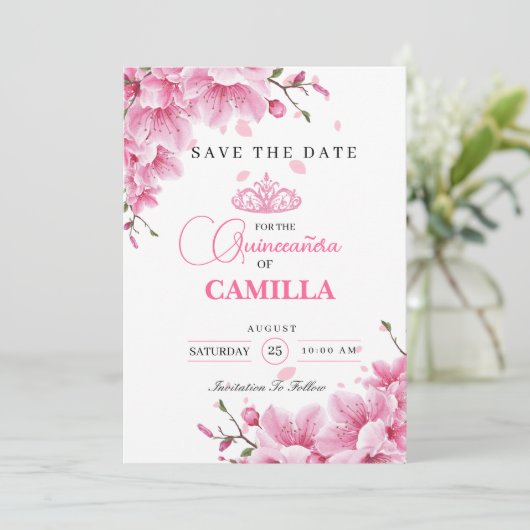 Blumenkohl Rose Quinceañera Save The Date (Stehend Vorderseite)