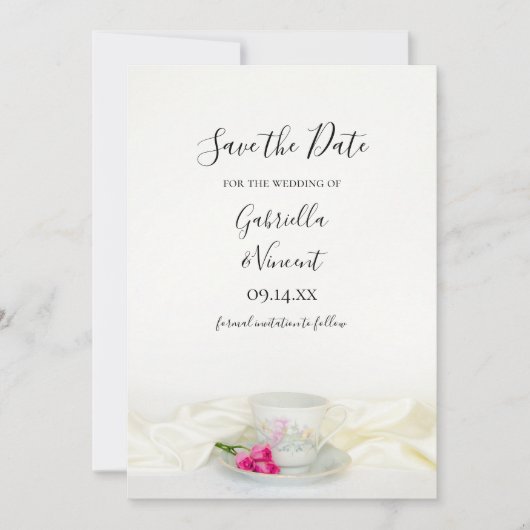 Blumenkohl-Tee-Cup Rosen Hochzeit retten das Datum Save The Date (Vorderseite)
