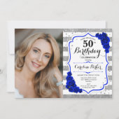 Blumenkönigsblau Silber Weißes Foto 50. Geburtstag Einladung (Vorderseite)