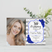 Blumenkönigsblau Silber Weißes Foto 50. Geburtstag Einladung (Stehend Vorderseite)