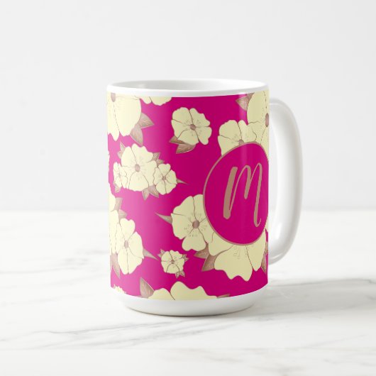 Blumenkopfer und Pastellgelb auf Fuchsienrosa Kaffeetasse (VorderseiteRechts)