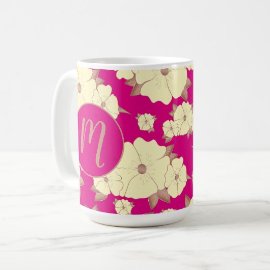 Blumenkopfer und Pastellgelb auf Fuchsienrosa Kaffeetasse (Vorderseite Links)
