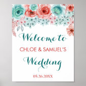 Blumenkoralle Pink Aqua Hochzeit Begrüßung Poster (Vorne)