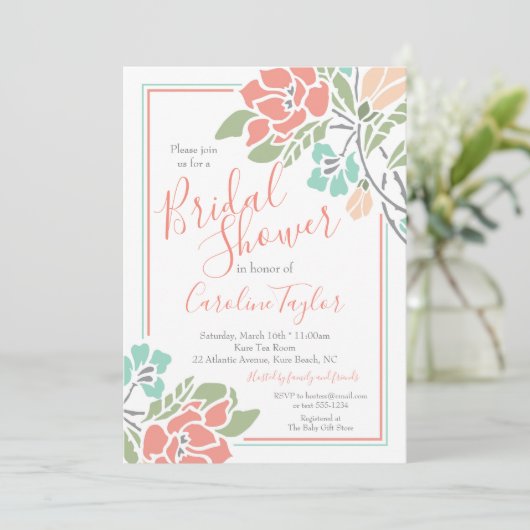 Blumenkoralle und Aquamarines Brautparty Luncheon Einladung (Stehend Vorderseite)