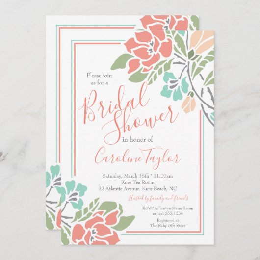 Blumenkoralle und Aquamarines Brautparty Luncheon Einladung (Vorne/Hinten)