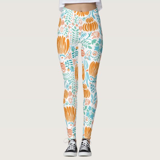 Blumenkorallen Minze Grün Blau Art Deco Muster Leggings (Vorderseite)