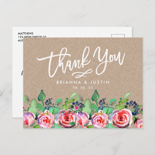 Blumenkraftpapier-Skript-rustikale Hochzeit danken Ankündigungspostkarte (Vorne/Hinten)
