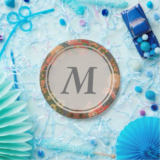 Blumenkranz auf Imitaten Burlap Monogram Papierpla Pappteller (Party)