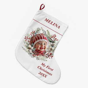 Blumenkranz Baby's First Christmas Name Foto Großer Weihnachtsstrumpf