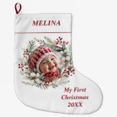 Blumenkranz Baby's First Christmas Name Foto Großer Weihnachtsstrumpf (Vorderseite)