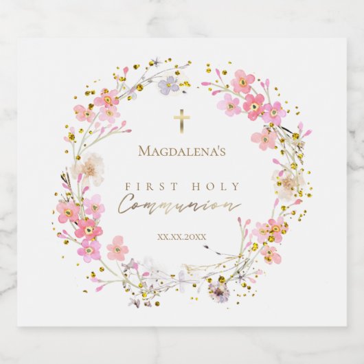 Blumenkranz Erste Heilige Kommune Schaumweinetikett (Einzelnes Label)