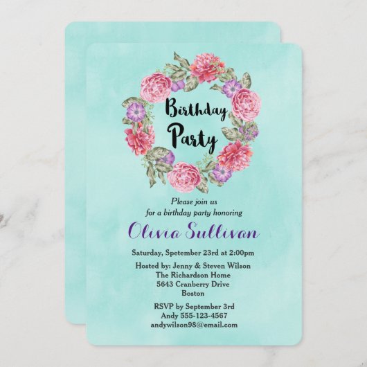 Blumenkranz Extravaganter Geburtstag Einladung (Vorne/Hinten)