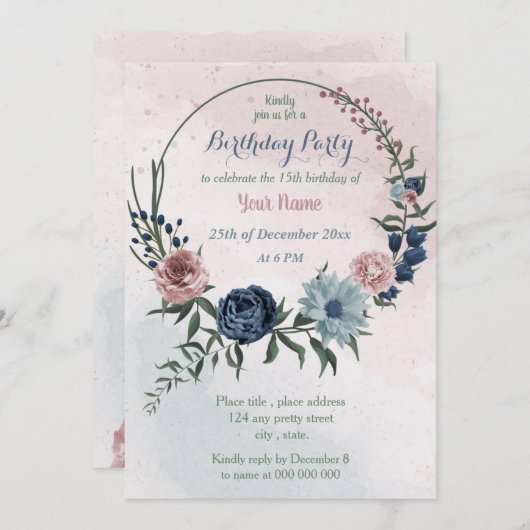 Blumenkranz Geburtstagsparty Einladung (Vorne/Hinten)