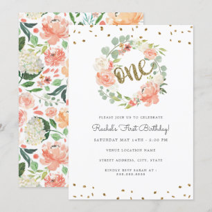 Blumenkranz Gold Pfirsich First Birthday Einladung