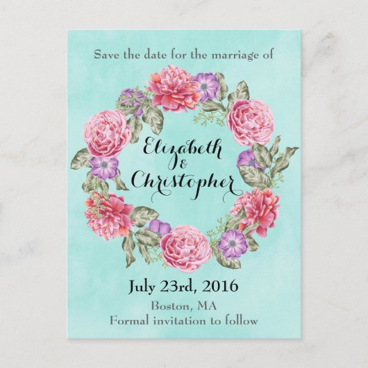 Blumenkranz-Hochzeit rettet das Datum Ankündigungspostkarte (Vorderseite)