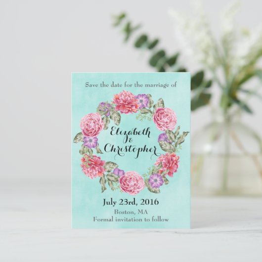 Blumenkranz-Hochzeit rettet das Datum Ankündigungspostkarte (Stehend Vorderseite)