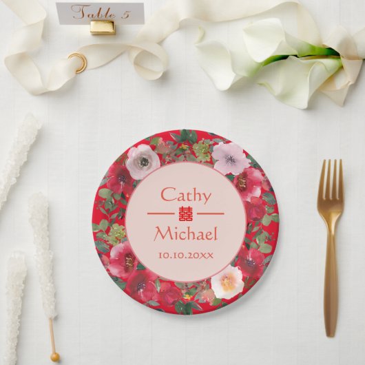 Blumenkranz im Roten Kreis, moderne chinesische Ho Pappteller (Hochzeit)