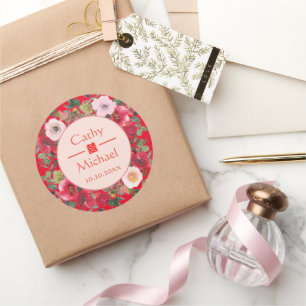 Blumenkranz im Roten Kreis, moderne chinesische Ho Runder Aufkleber