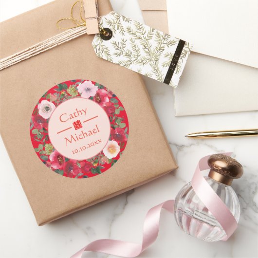 Blumenkranz im Roten Kreis, moderne chinesische Ho Runder Aufkleber (Schenken)