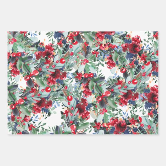 Blumenkranz kariert-blaue Weihnachtsfeiern Geschenkpapier Set (Vorderseite)